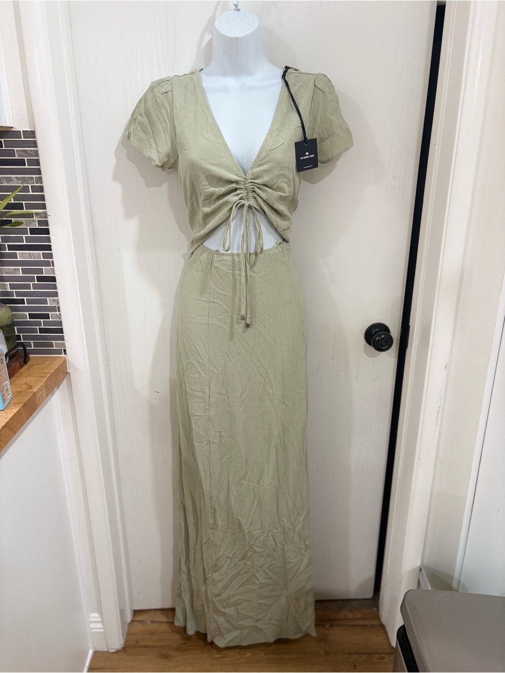 Tropical festive hippie Drawstring Ruched Olive Green Maxi Dress
